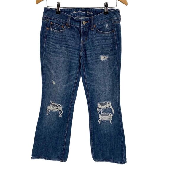 American‎ Eagle Favorite Boyfriend Jeans Womens 2 Blue Cotton Distressed - Picture 1 of 9